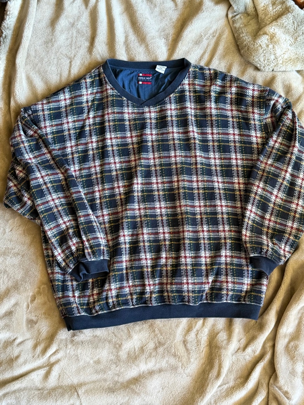 Bugle Boy Navy Plaid V-Neck Sweater Vintage